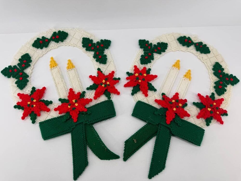 Vintage Handcrafted Plastic Canvas Christmas Candle Wall Hangings Set of 2 Holid